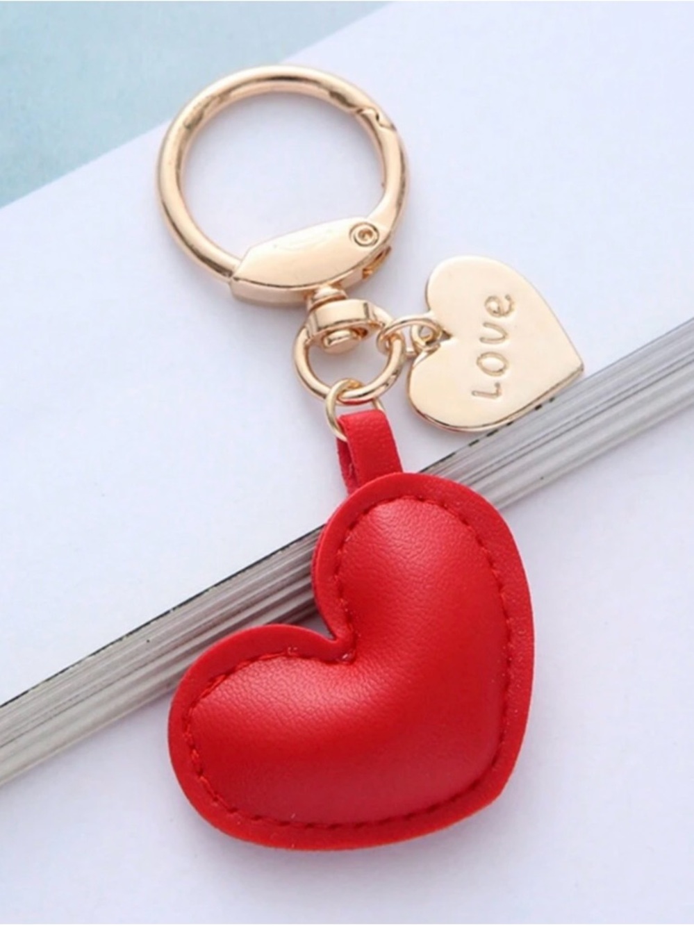 🌺 New Gold Metal & Red Heart Keychain Charm - LOVE Accent